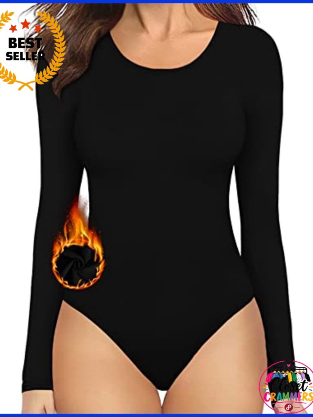 Warm Fleece Lined Long Sleeve Bodysuit Round Neck Thermal Top